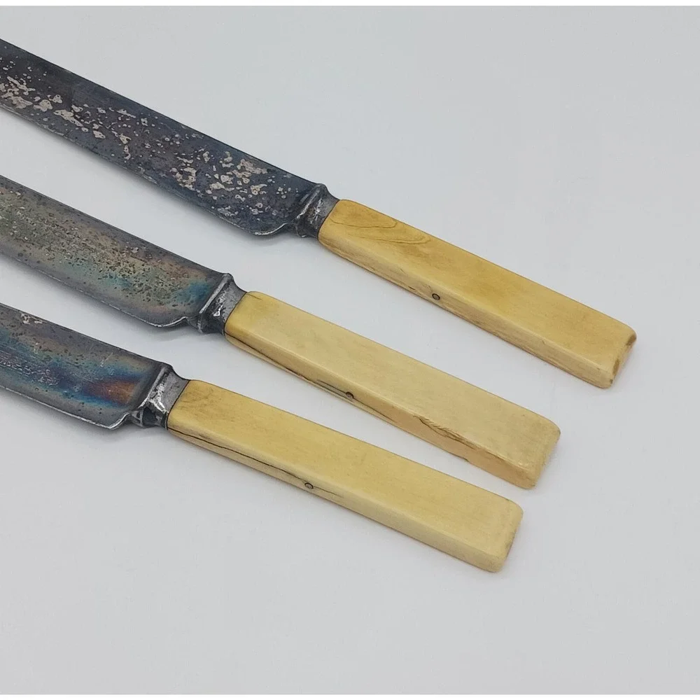 Antique Set 3 Lamson & Goodnow Dinner Knives Bone Handle Silverplate Victorian